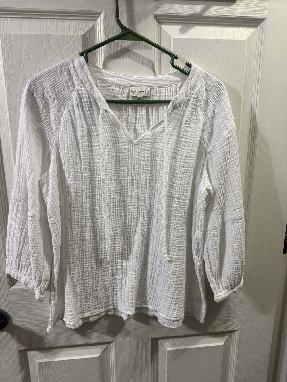 Wonderly Gauze Blouse Size S White Peasant Top Textured Cotton